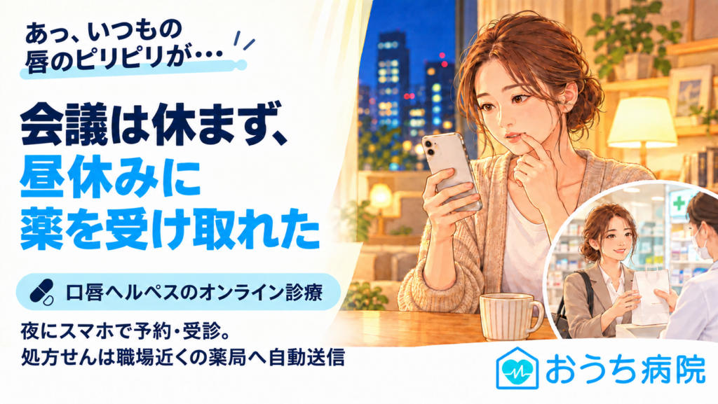あっ、いつもの唇のピリピリが…。会議は休まず、昼休みに薬を受け取れた。口唇ヘルペスのオンライン診療。夜にスマホで予約・受診。処方せんは職場近くの薬局へ自動送信。夜の自宅でスマホを見る女性と、昼に薬局で薬を受け取る同じ女性のイラスト(おうち病院)