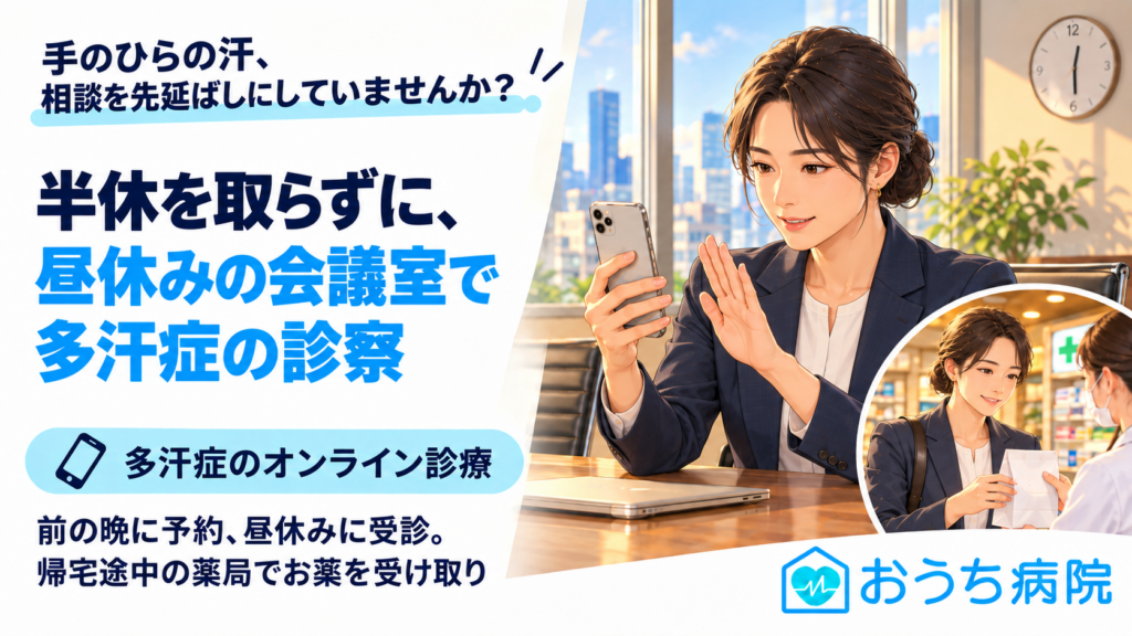 手のひらの汗、相談を先延ばしにしていませんか？半休を取らずに、昼休みの会議室で多汗症の診察。多汗症のオンライン診療。前の晩に予約、昼休みに受診。帰宅途中の薬局でお薬を受け取り。昼の会議室でスマホのビデオ通話を受けるスーツ姿の女性と、薬局で薬を受け取る同じ女性のイラスト（おうち病院）